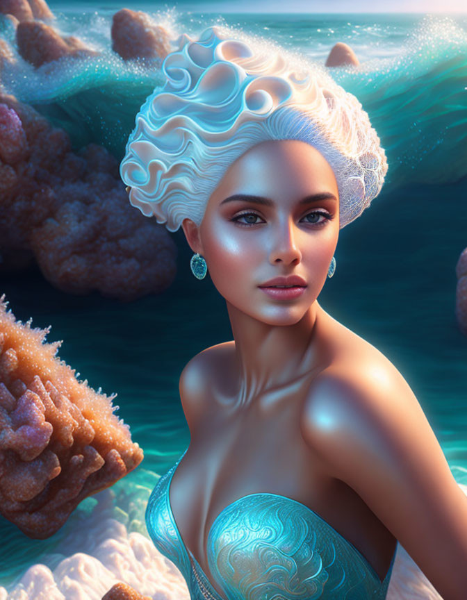 Digital artwork of woman with shell-like hairstyle in underwater scene