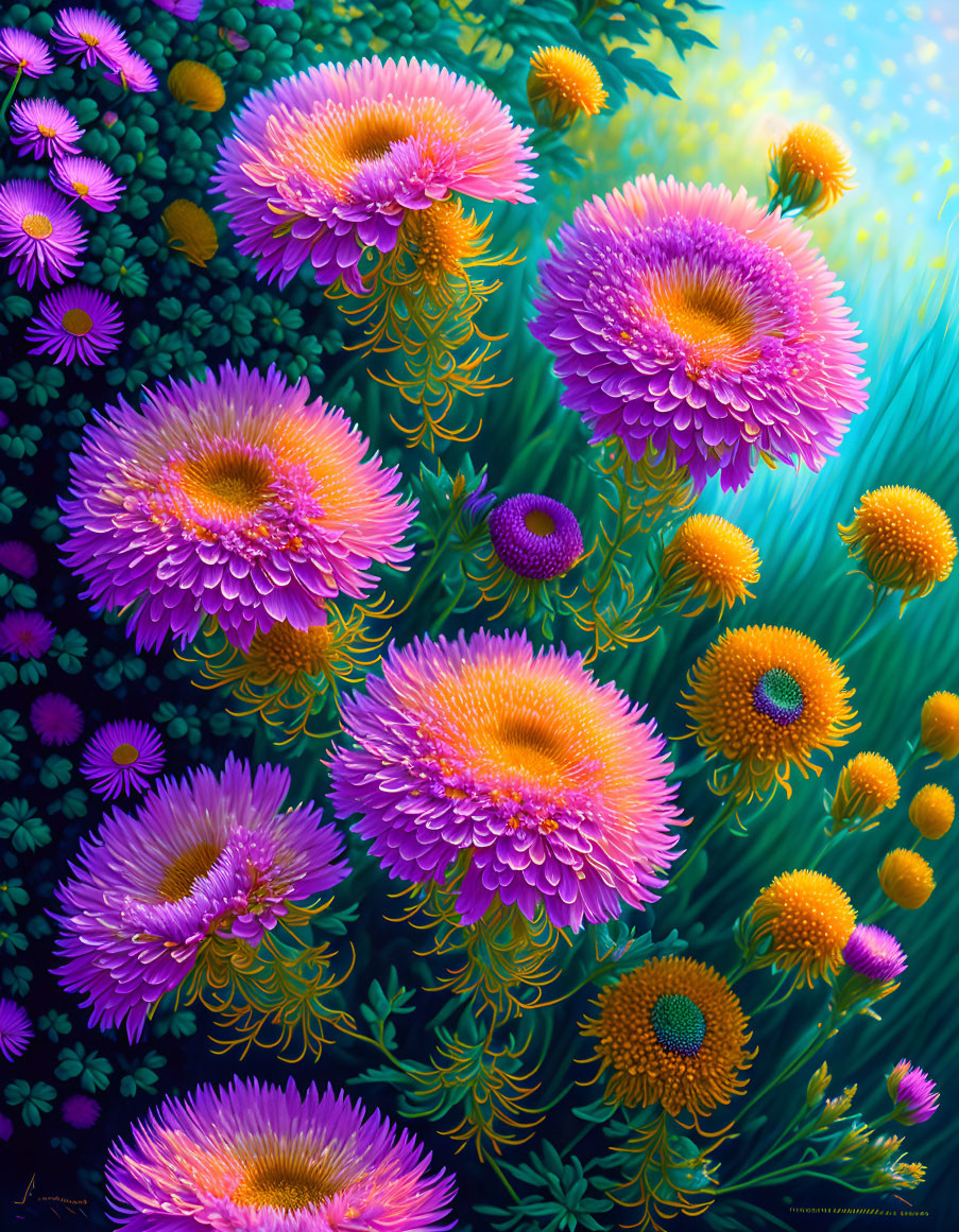 Fantastical purple, pink, and yellow flowers in vibrant digital art