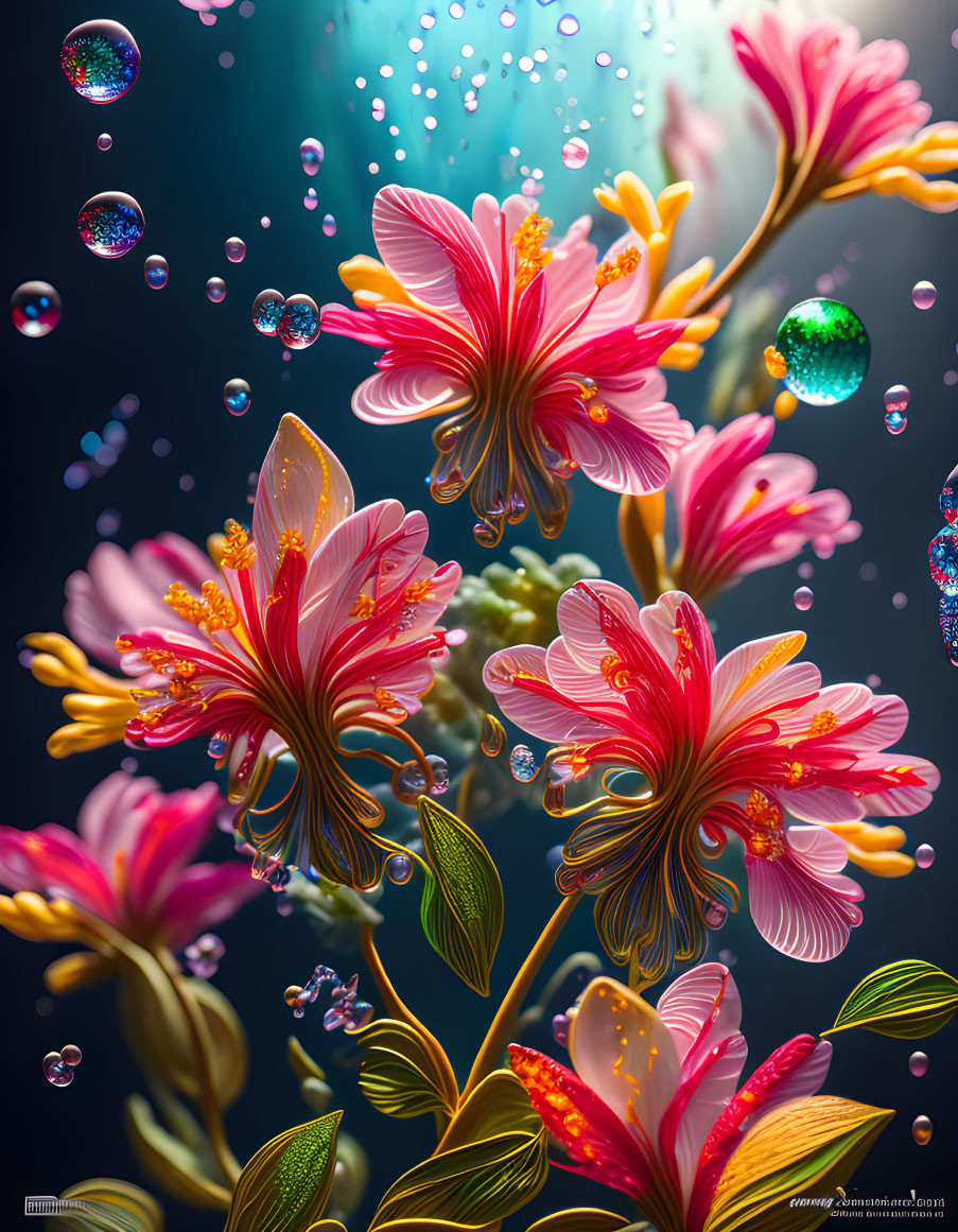 Colorful stylized flowers and iridescent bubbles on dark background