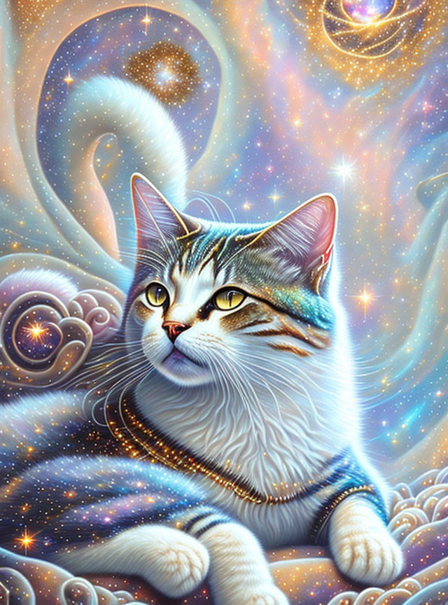 Colorful Cosmic Cat Illustration with Celestial Background