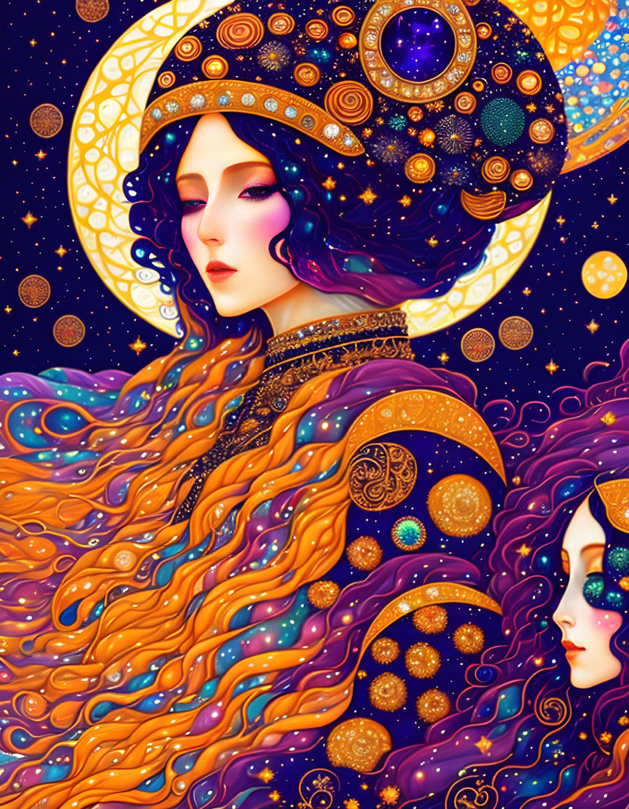 Vibrant illustration of two women in celestial attire against a cosmic backdrop