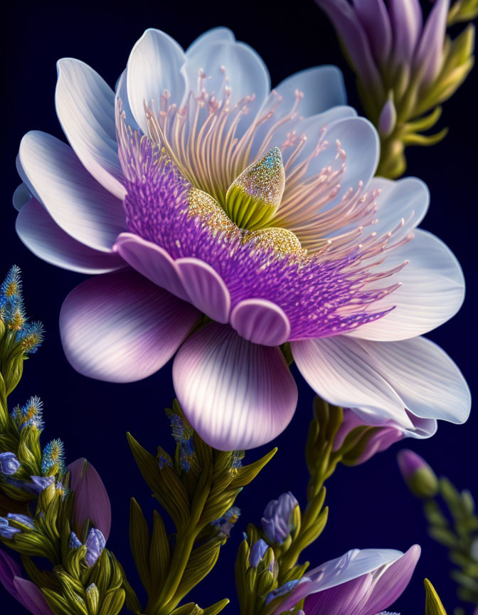 Vibrant white and purple flower with delicate petals and stamens on dark blue background