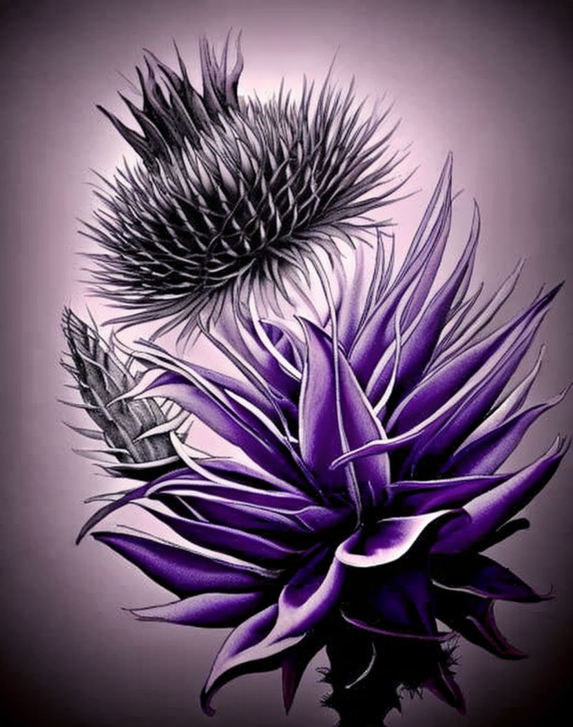 Detailed Drawing of Purple Thistle on Muted Background