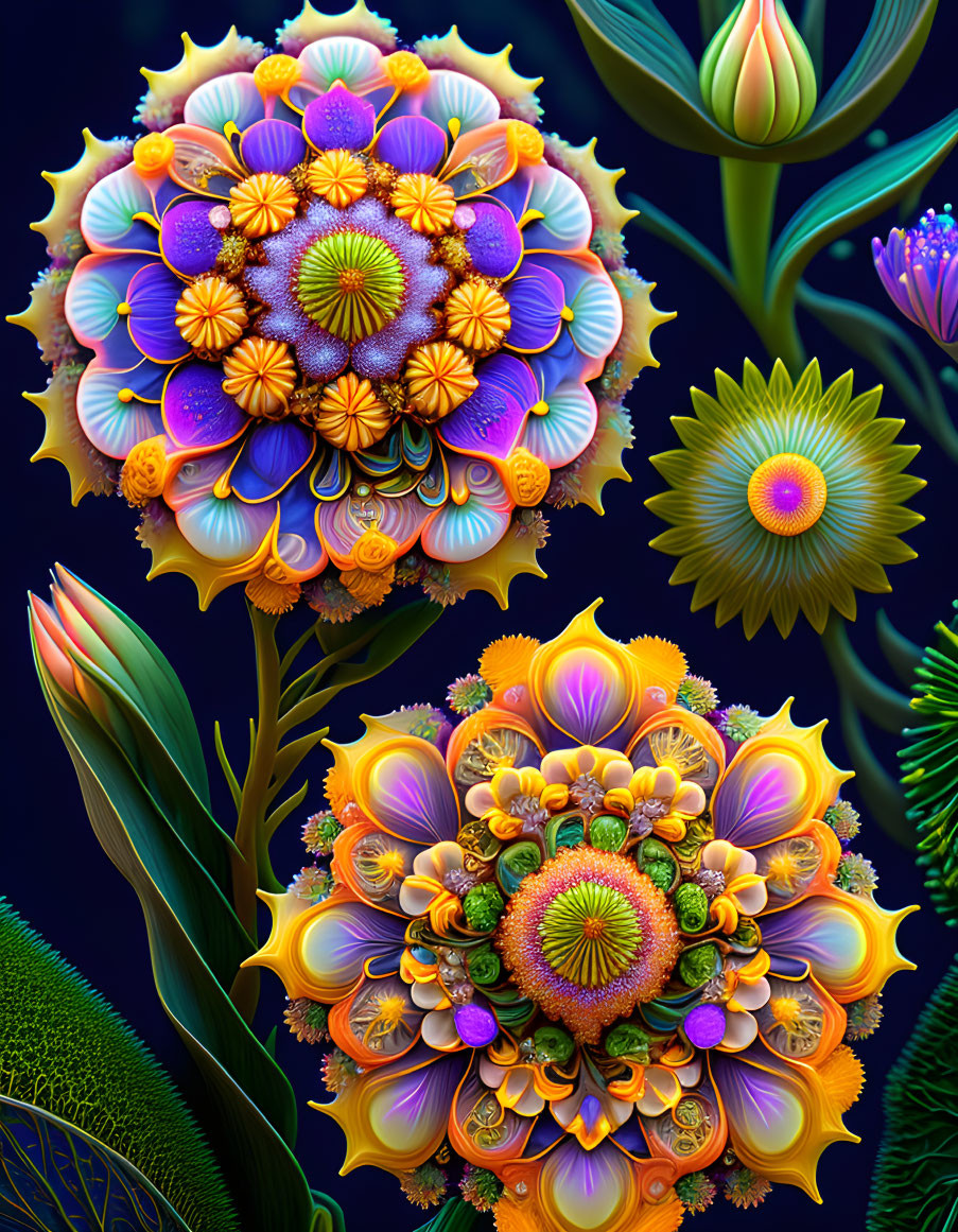 Colorful digital artwork of stylized flowers with geometric patterns on dark background