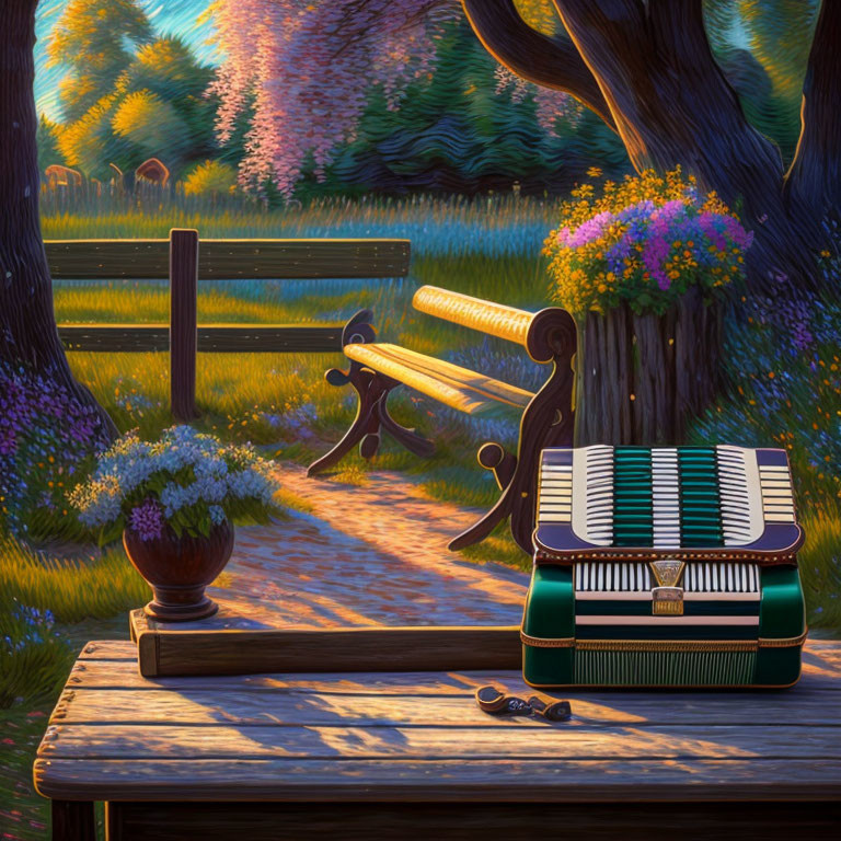 Vibrant digital painting: Accordion on wooden bench in lush park