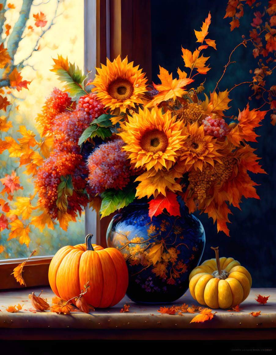 Colorful Still Life: Sunflowers, Pumpkins, and Autumn Leaves in Blue Vase