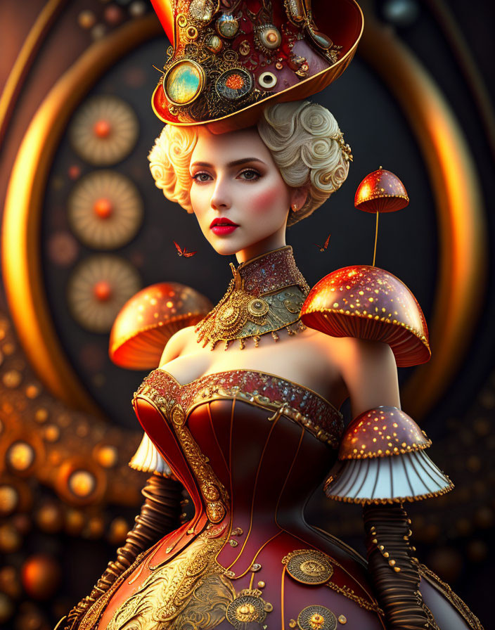 Steampunk-inspired female figure with mushroom hat and butterflies