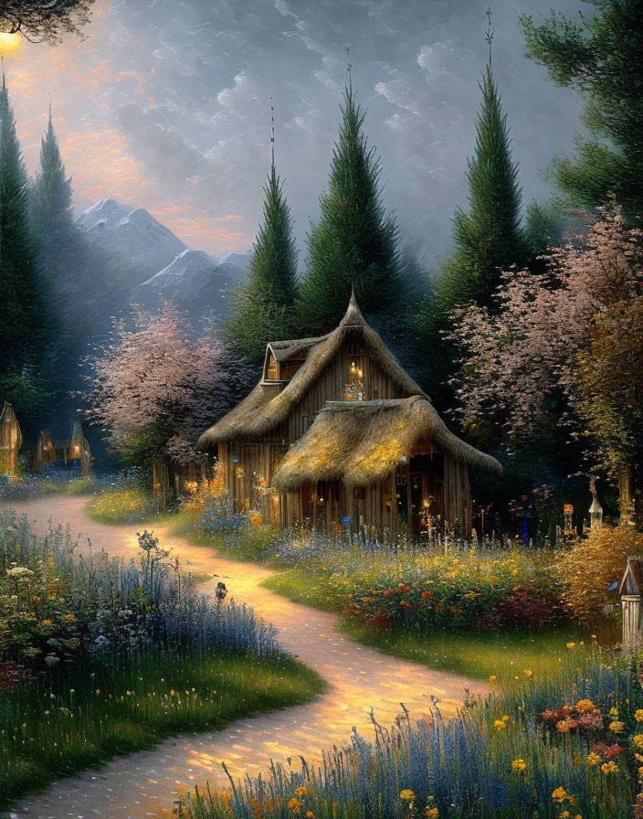 Thatched cottage in blooming garden with winding path, pines, mountains at dusk