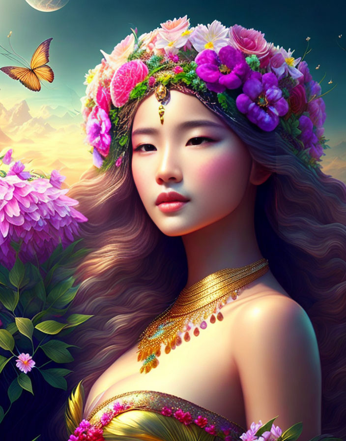 Digital artwork: Woman with flower crown, wavy hair, golden necklace, butterfly, floral background.