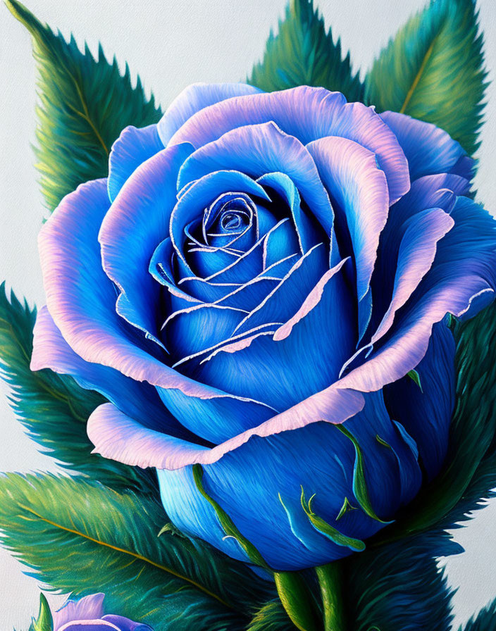 Detailed blue rose with purple and pink gradient on green backdrop