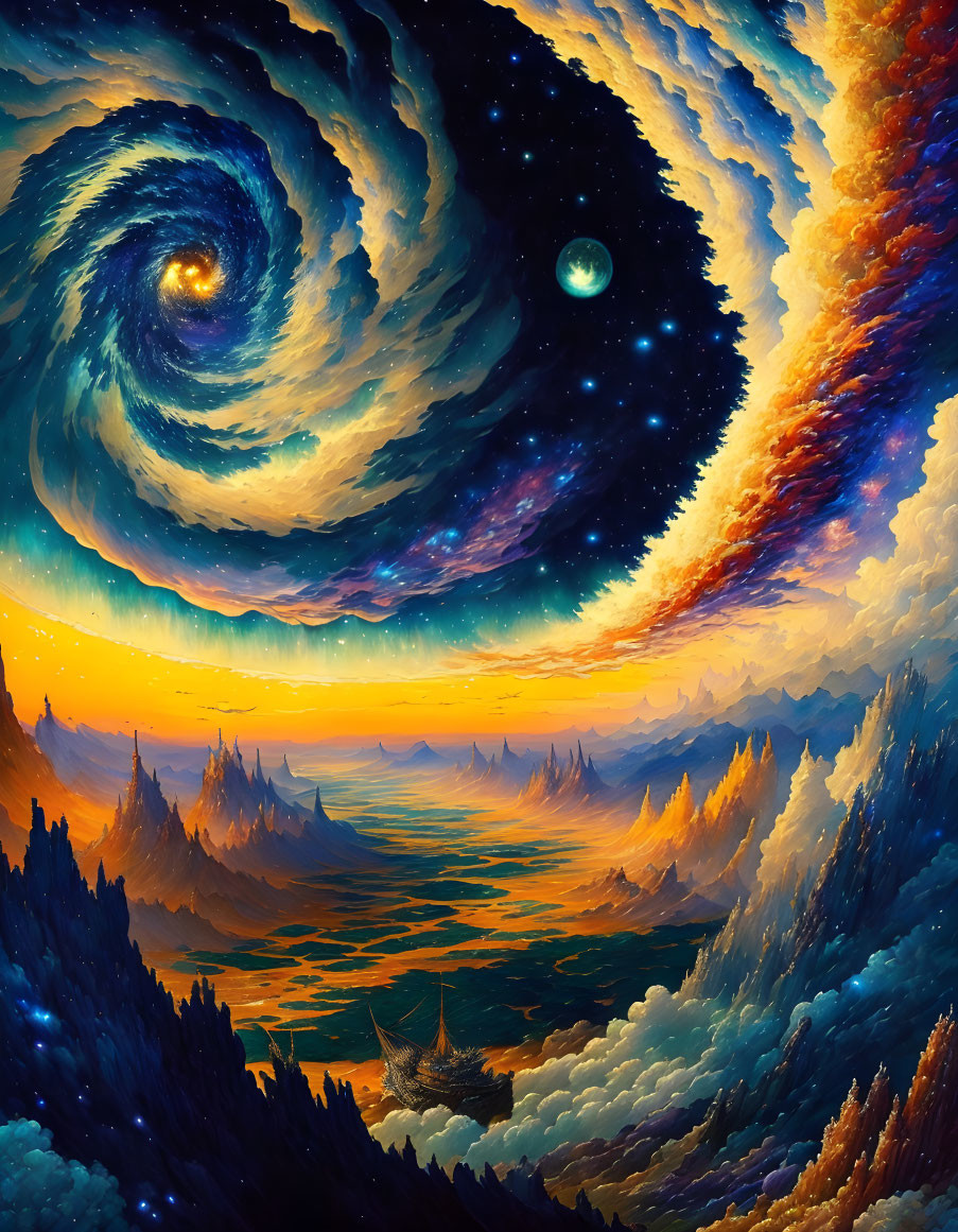 Surreal landscape: swirling starry sky, river, mountains