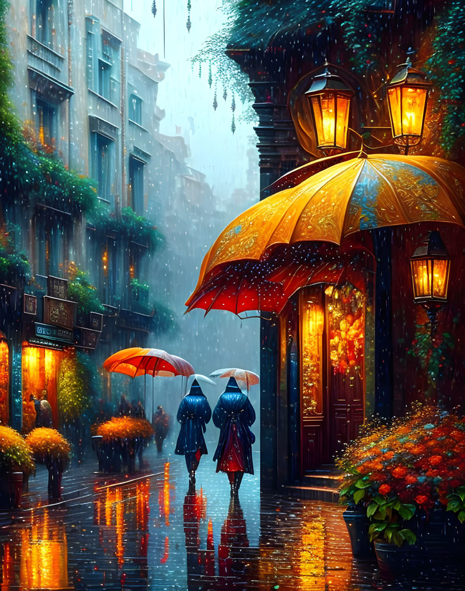 People with umbrellas walking on rain-soaked street with glowing shopfronts and vibrant flowers.