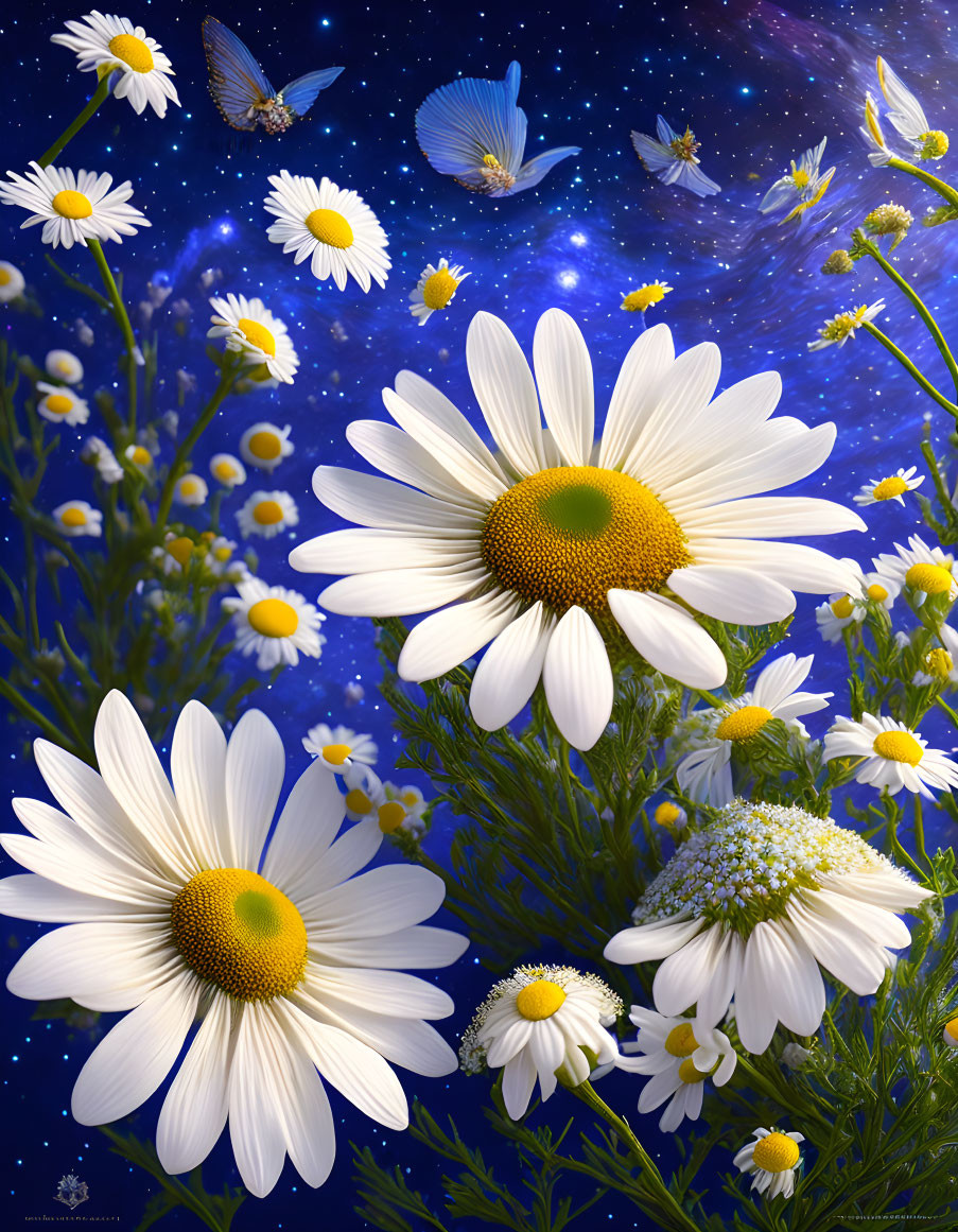 White daisies and butterflies in starry night setting