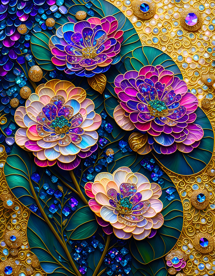 Colorful digital artwork: ornate flowers with jewel tones and gold detailing