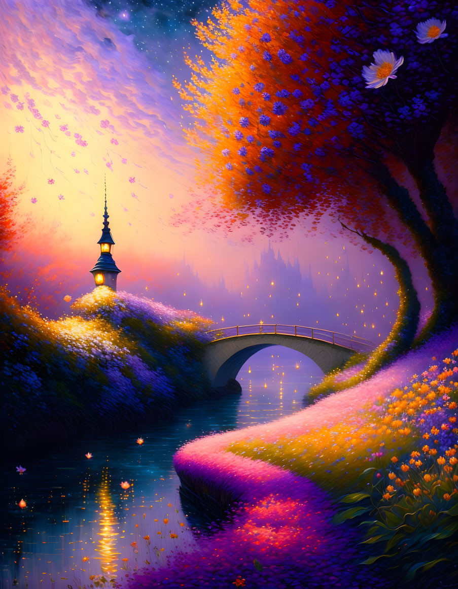 Colorful Illustration of Magical Scenery with Glowing Tower, Bridge, and Autumn Trees