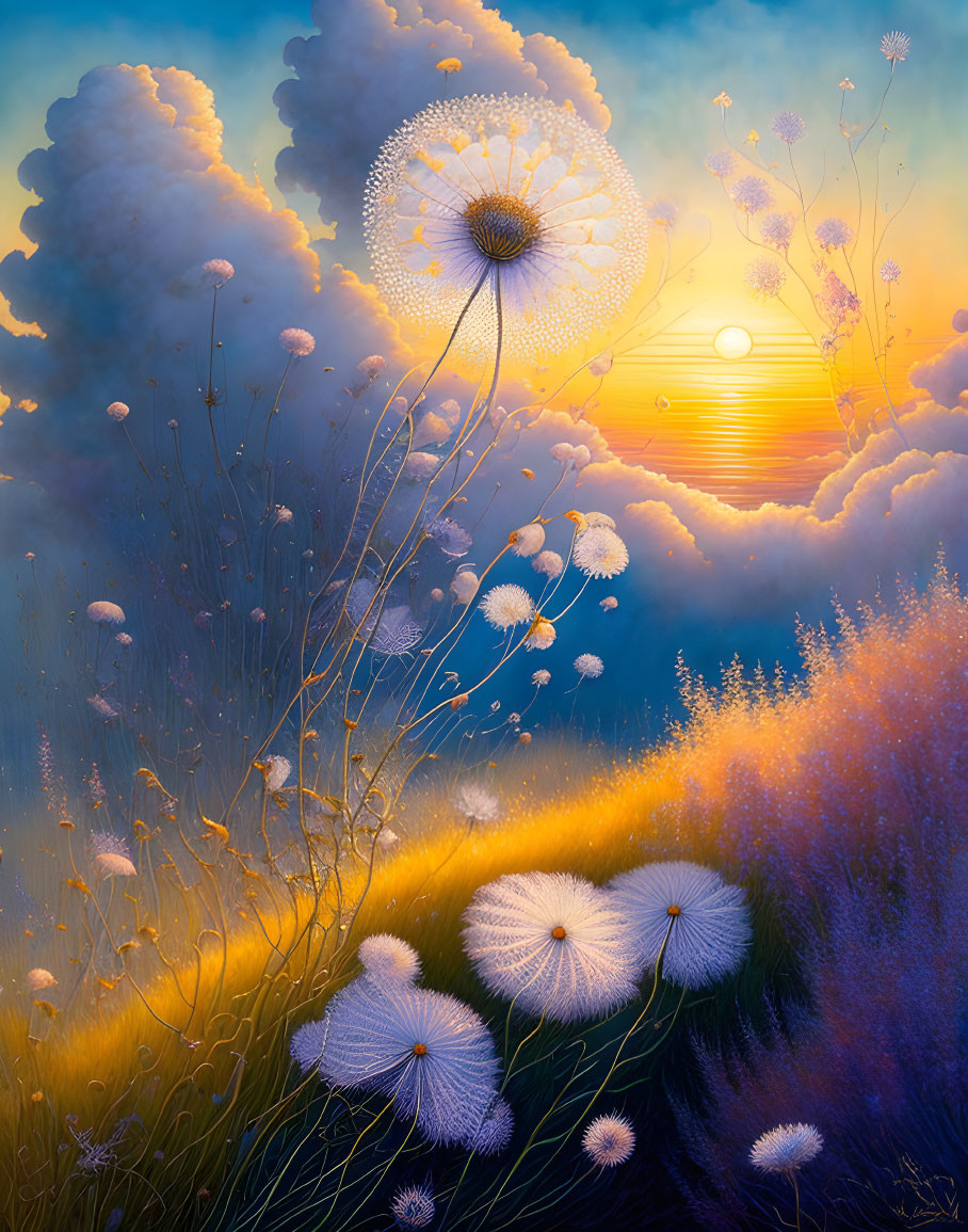 Sunset scene with oversized dandelions and sun peeking through clouds