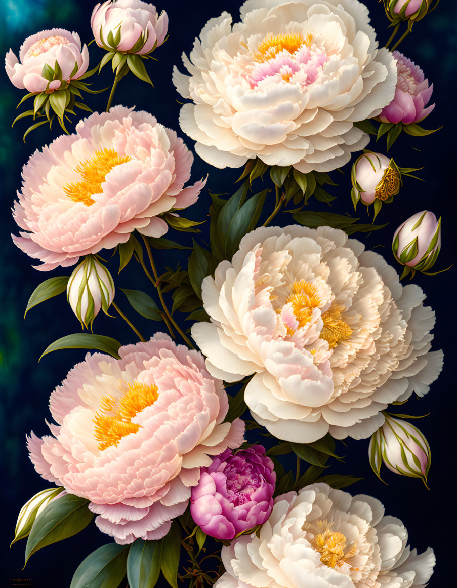 Peonies in Different Bloom Stages: White and Pink Petals, Golden Yellow Centers