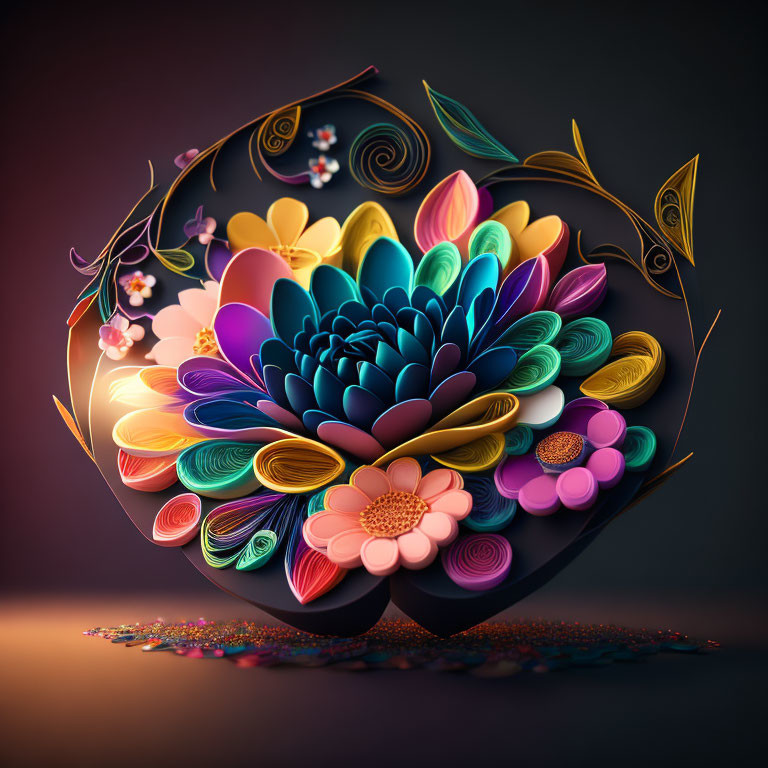 Colorful circular quilling art: multicolored paper flowers and leaves on dark backdrop