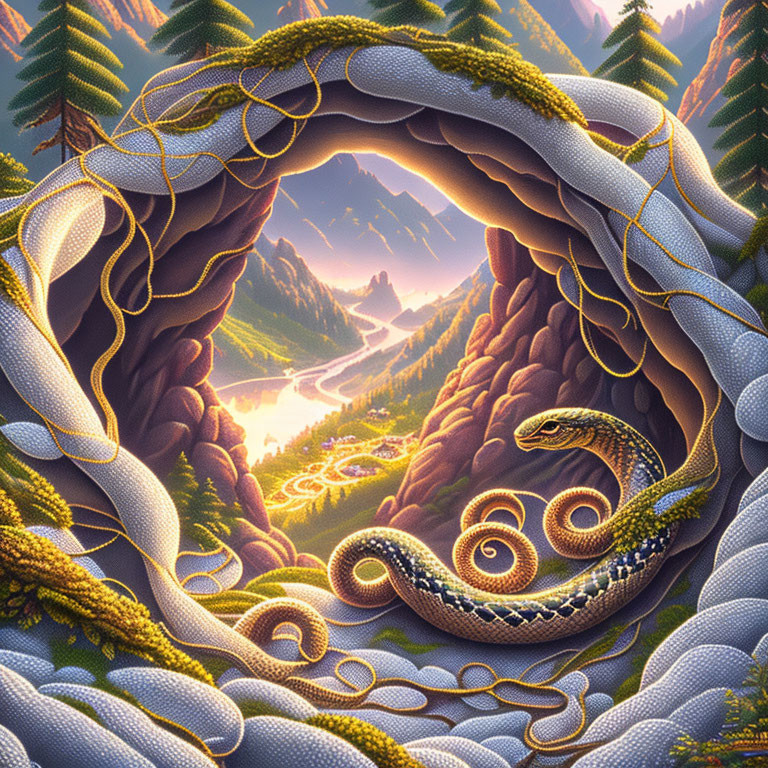 Fantastical landscape with serpent-like creature in lush foliage circle at sunset