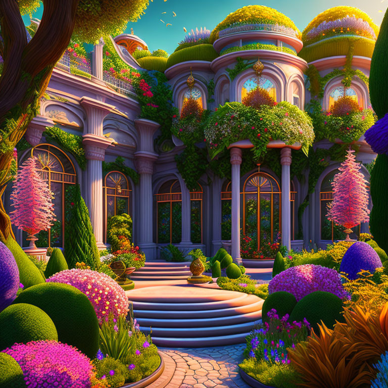 Vibrant Fantasy Garden with Whimsical Purple Mansion