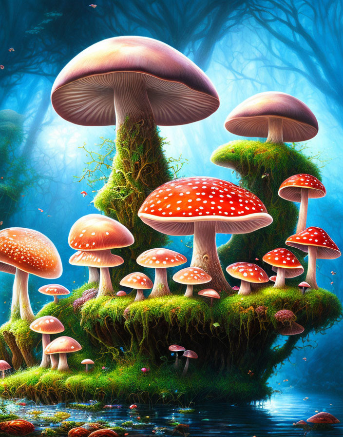 Colorful Mushroom Illustration on Mossy Forest Floor