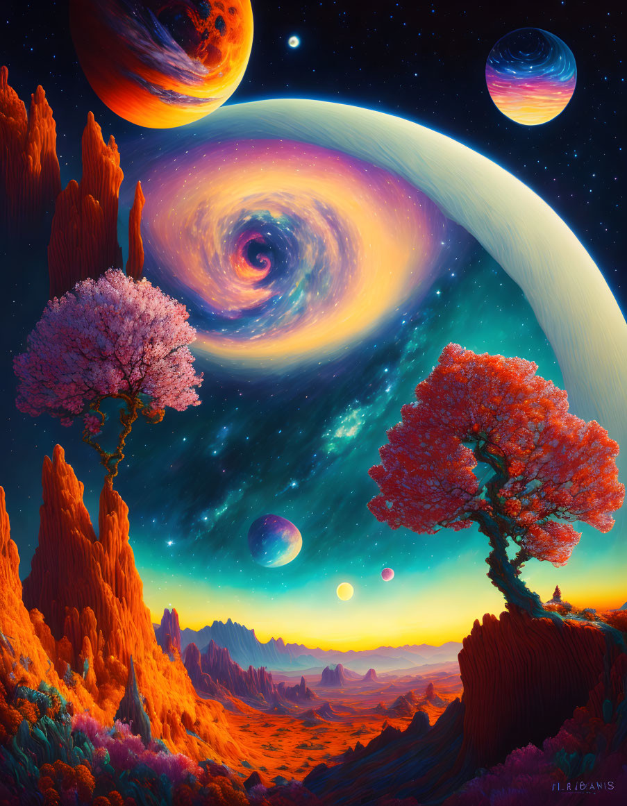 Vivid Sci-Fi Landscape with Orange Terrain and Giant Planets