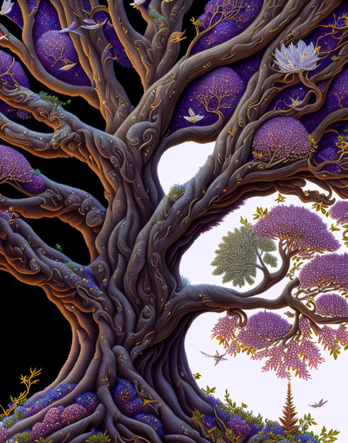 Detailed Vibrant Illustration: Whimsical Tree with Purple Foliage and Fantasy Elements