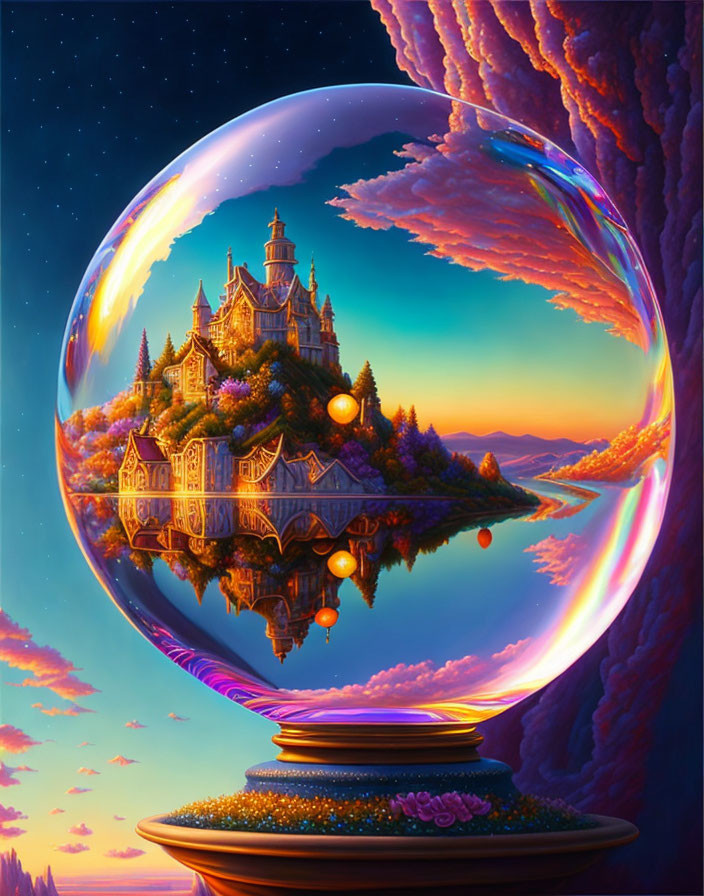 Fantastical castle in bubble with twilight sky and water reflection