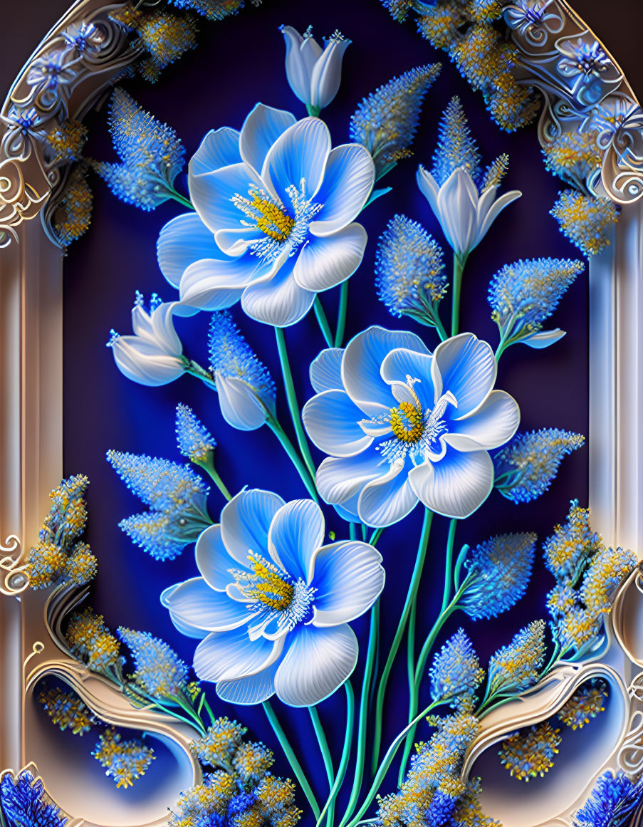 Vibrant blue flowers with yellow centers on dark background