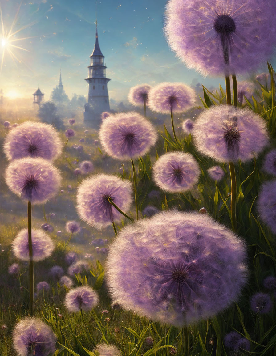 Whimsical castle and glowing lanterns with giant dandelion-like flowers in sunlit landscape