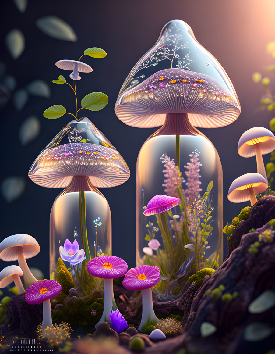 Luminescent jellyfish-like mushrooms in surreal twilight setting