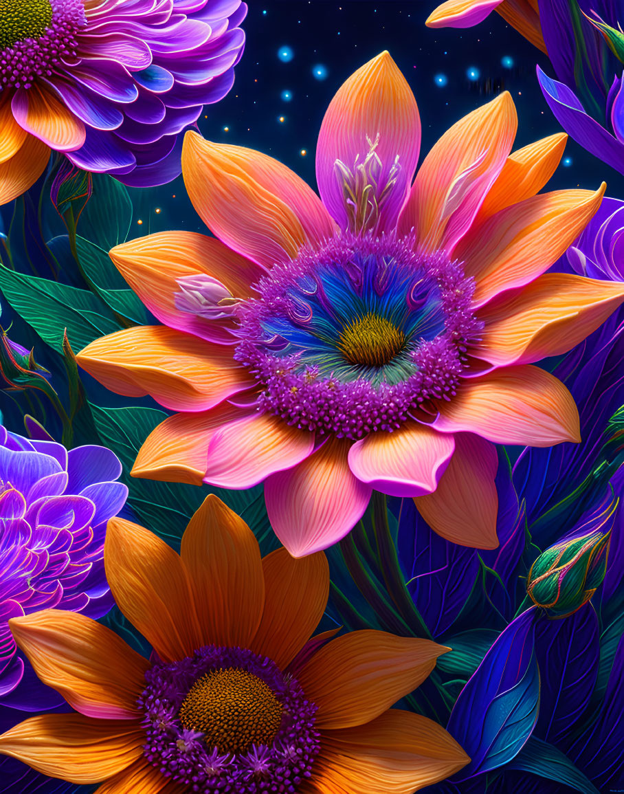 Colorful Stylized Flowers in Purple, Pink, and Orange on Starry Night Sky