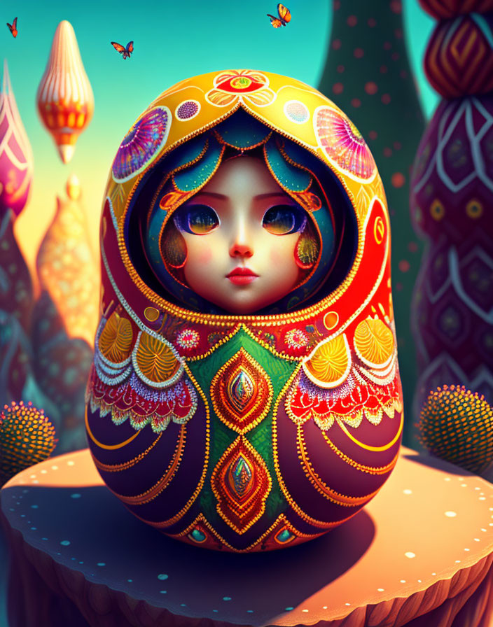 Colorful Matryoshka Doll Artwork with Ornate Design on Patterned Background