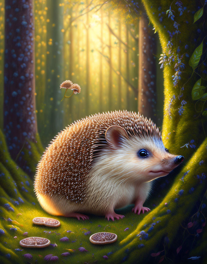 Whimsical hedgehog illustration in sunlit forest