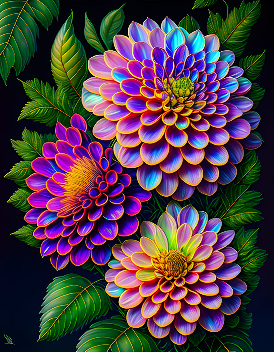 Colorful digital illustration of purple and pink dahlias with intricate petals on dark background