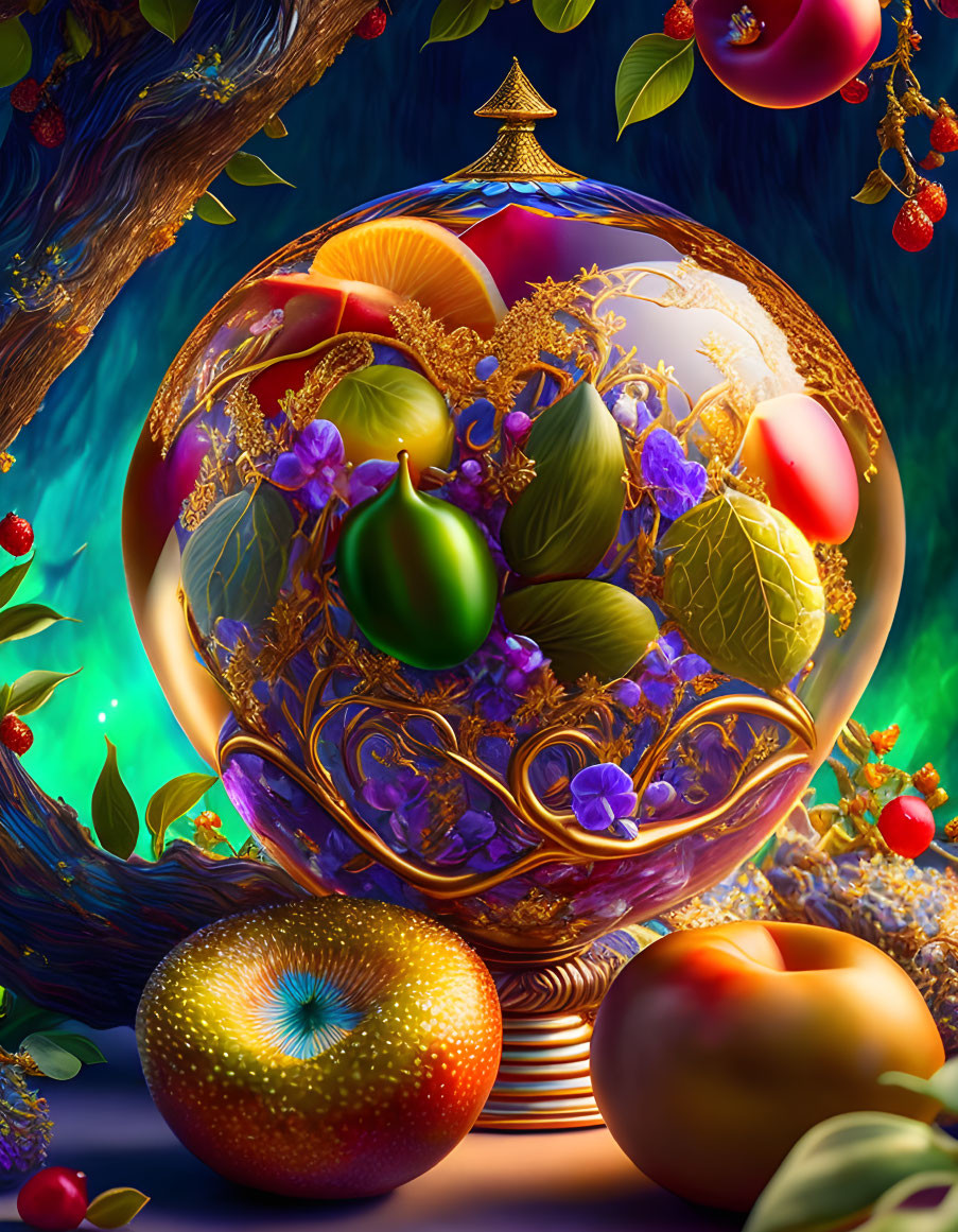 Colorful digital artwork: Glass orb with fruits & flowers in magical setting