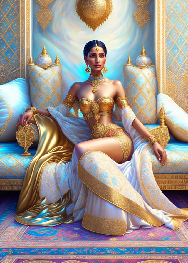 Luxurious gold attire woman with hand mirror on blue sofa