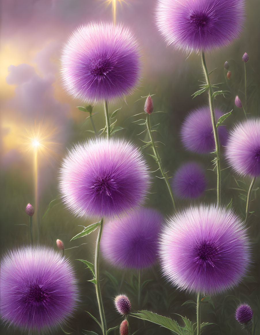 Blooming purple thistle flowers in soft sunlight