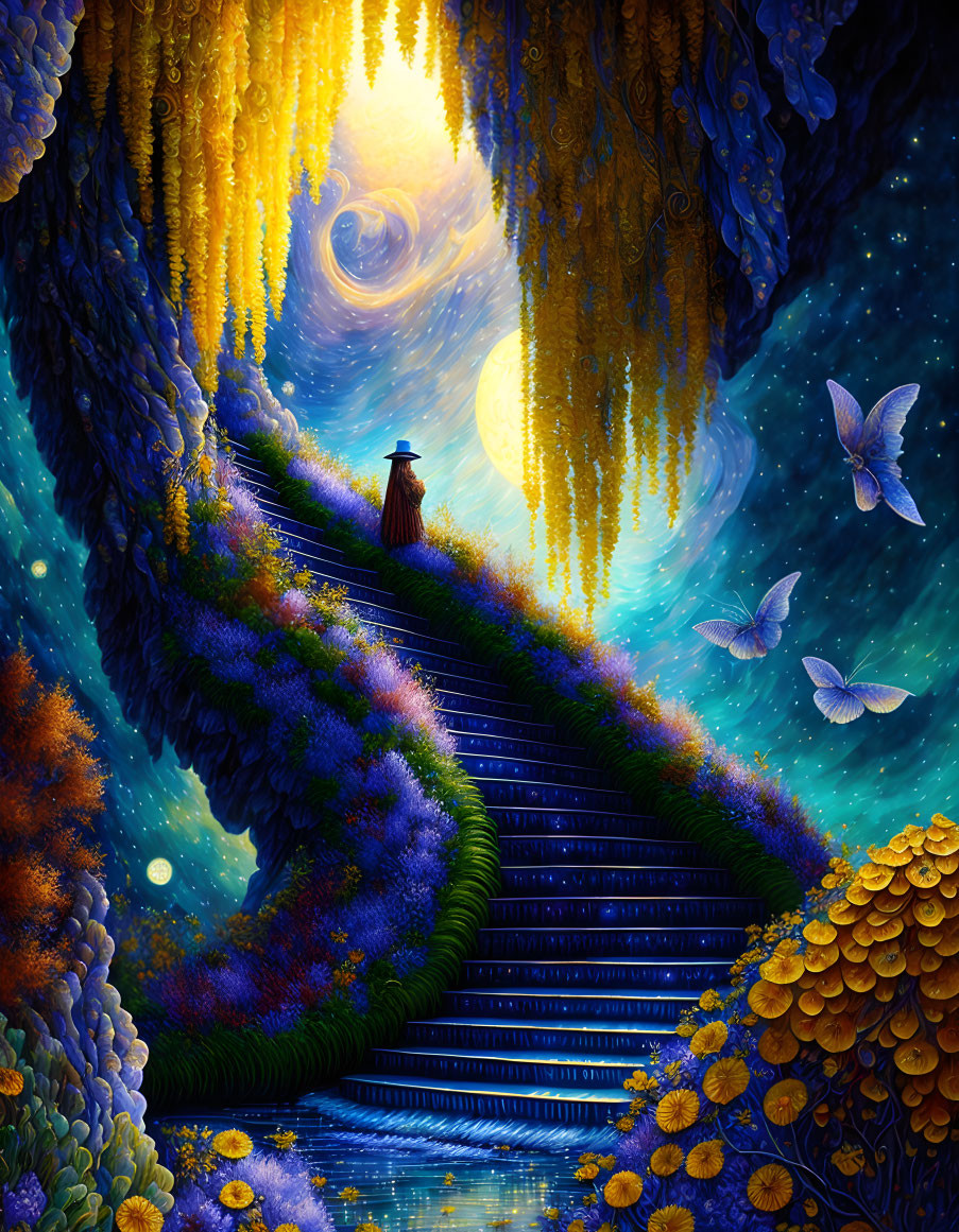 Mystical stairway in vibrant flora under starry sky with cloaked figure.