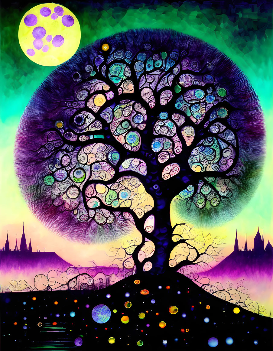 Colorful Whimsical Tree Against Starry Sky & City Silhouette