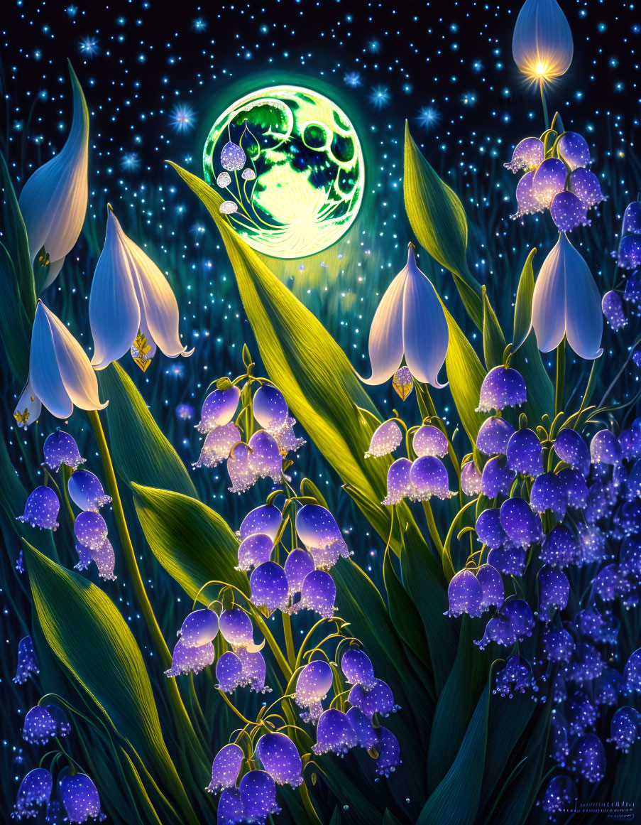 Fantasy illustration: Glowing flowers, moon, stars in dark sky