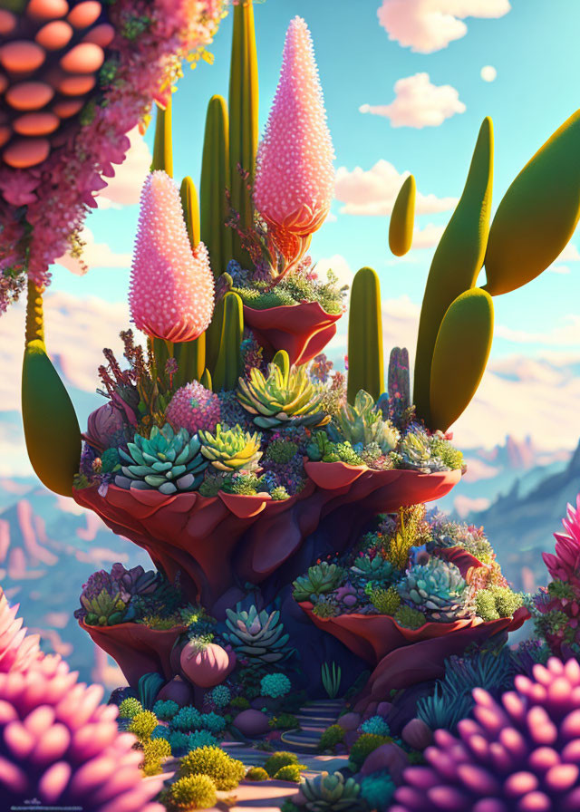 Surreal landscape with succulents, cacti, and rock formations