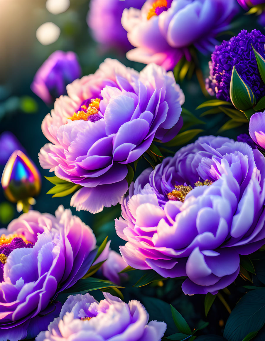 Purple Peonies with Golden Centers on Soft Green Background