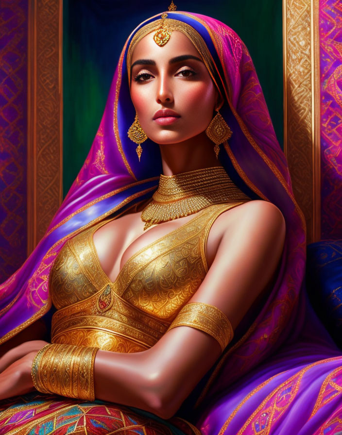 Traditional Indian Attire: Woman in Purple Saree and Gold Jewelry