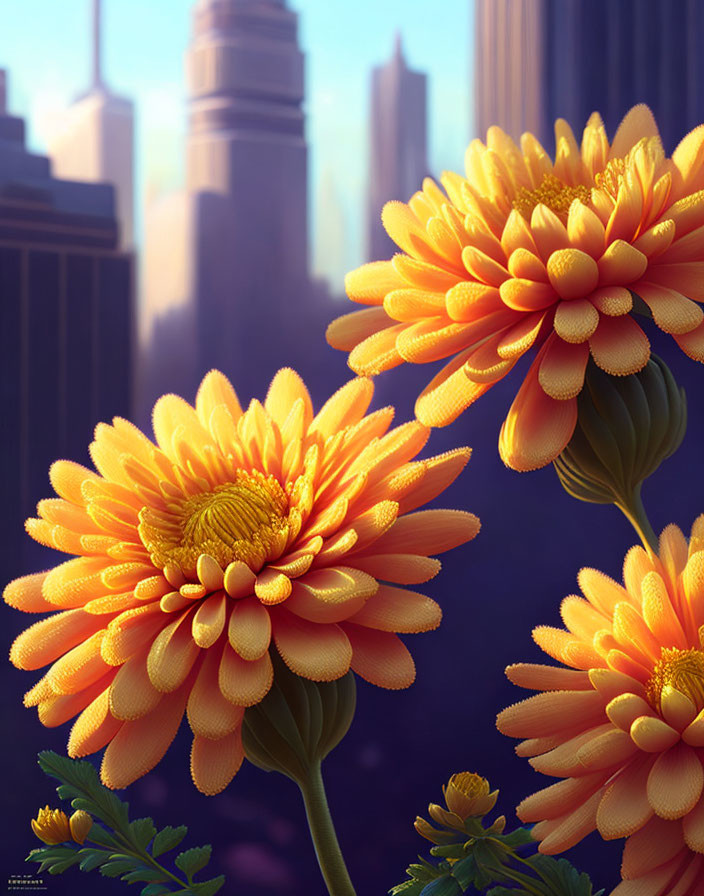 Bright Orange Flowers Against Purple City Skyscrapers at Sunset