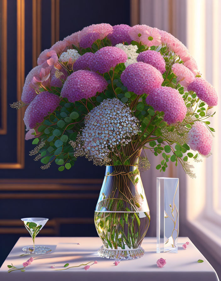 Pink Flower Bouquet in Glass Vase with Decorative Plants, Martini Glass, and Candle on