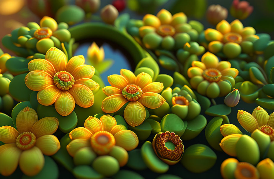 Surreal orange-yellow flowers on lily pads in vibrant digital artwork