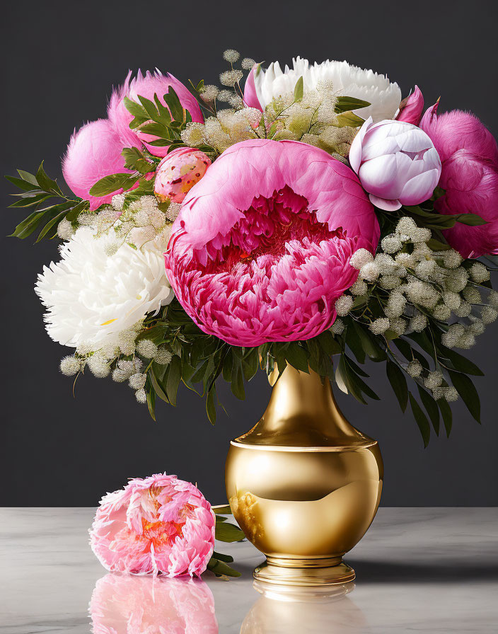 Pink and white peonies bouquet with greenery and baby's breath in golden vase