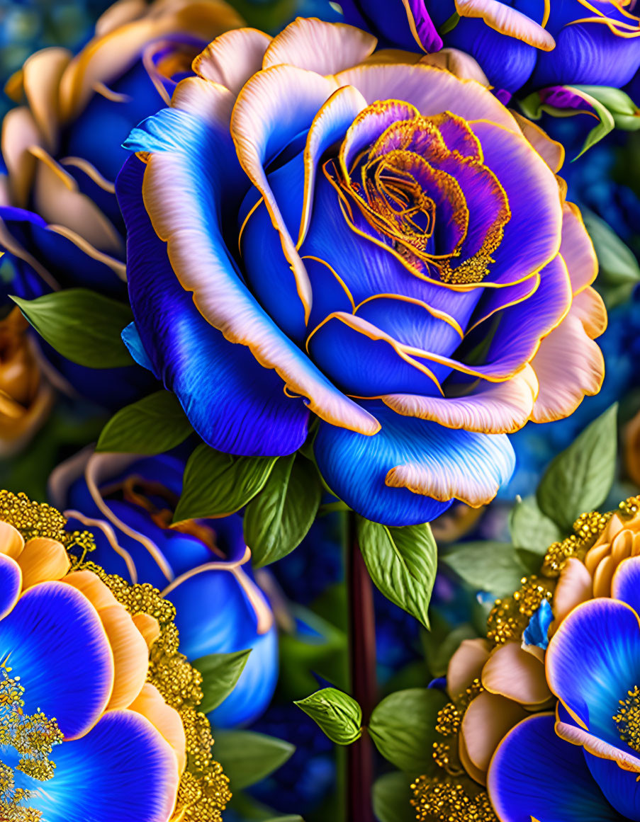 Colorful digital artwork: Blue and purple roses with gold accents on dark background