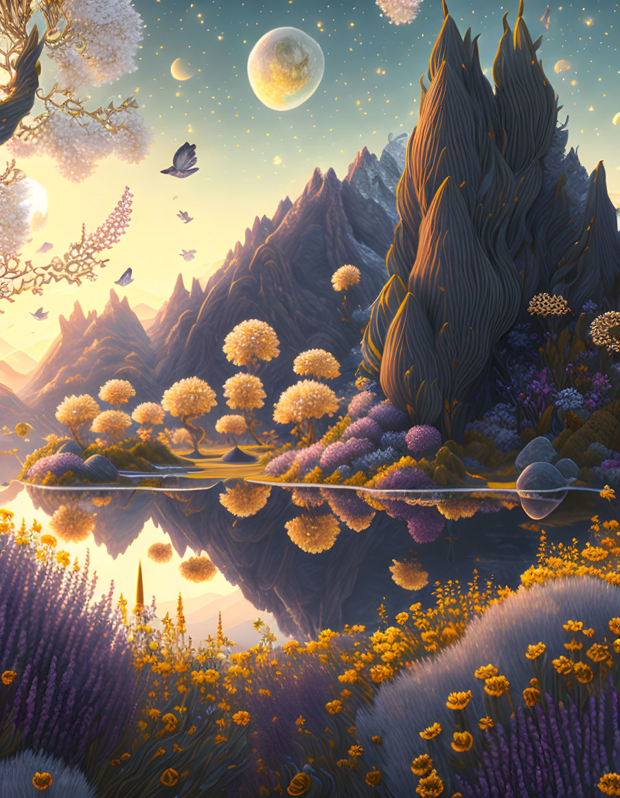 Tranquil moonlit landscape with reflective lake and lavender fields